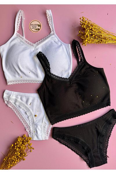 Elosia Modal Fabric, White Color, Bra and Slip Panty Set -Camisole and Lace Detail- 45E13