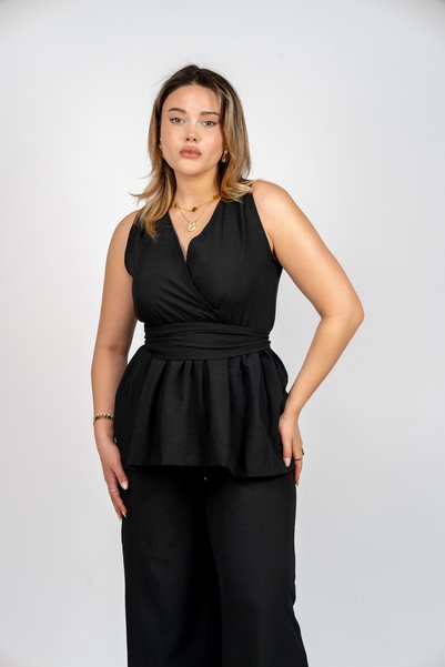 PUANT Women's Double Breasted Collar Belted Sleeveless Set - Bottom Top Two Piece Set Stylish Model