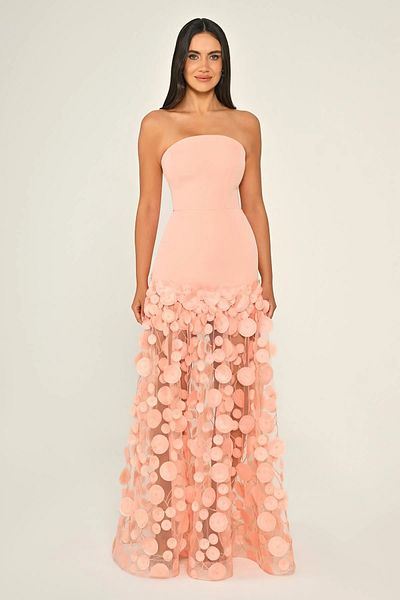 ALFABETA Women's Strapless Neckline Slim Fit Long Salmon Evening Dress with Tassel Tulle Skirt & Graduation Dress Ab7067-Somon