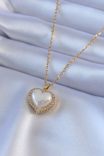 Skygo 316L Steel Gold Color Pearl Heart Model Zircon Stone Women's Necklace - TJ-BKO7566