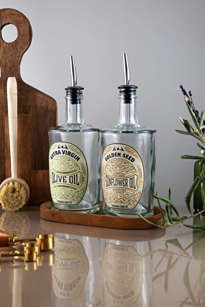 TheBRo 500ML Ahşap Stantlı Şeffaf Kalın Cam Elite Serisi Zeytinyağı ve Ayçiçe...