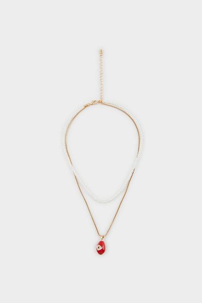 DeFacto Women's Red Stone Pearl Necklace F0809Axns