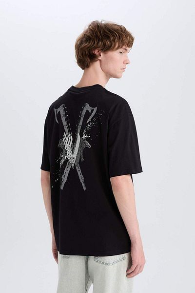 DeFacto 100% Cotton Vikings Valhalla Boxy Fit Crew Neck Back Printed Short Sleeve T-Shirt E3277Ax25Sm