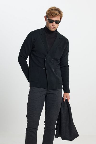 ALTINYILDIZ CLASSICS Men's Black Warm Woolen Standard Fit Regular Fit Double Breasted Collar Pocket Knitwear Jacket