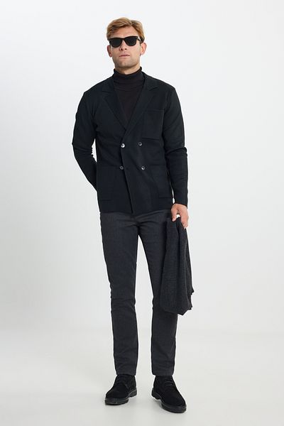 ALTINYILDIZ CLASSICS Men's Black Warm Woolen Standard Fit Regular Fit Double Breasted Collar Pocket Knitwear Jacket