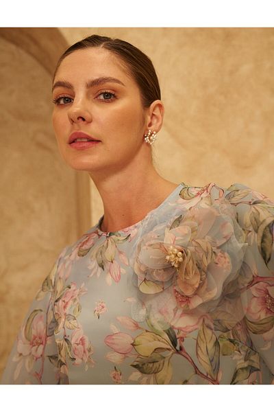 Kayra Rochie cu mâneci balon cu modele florale Albastru