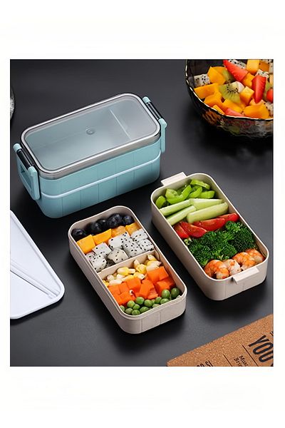 COOYA 1400ml portable double-layer lunch box, airtight and leakproof, BPA-free, 17.5x8.1x8.5cm, blue