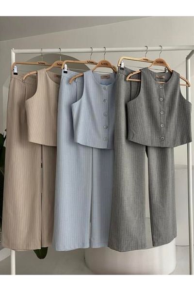 passense Vest Plazzo Pants Striped Flared Polyviscon Suit 10178