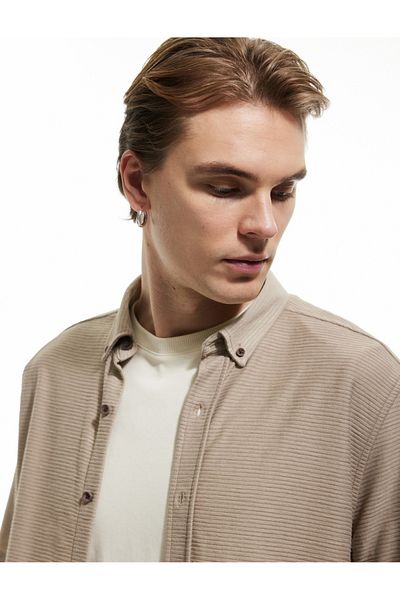 Koton Buttoned Collar Textured Viscose Beige Men's Shirt 5Sam60002Hk