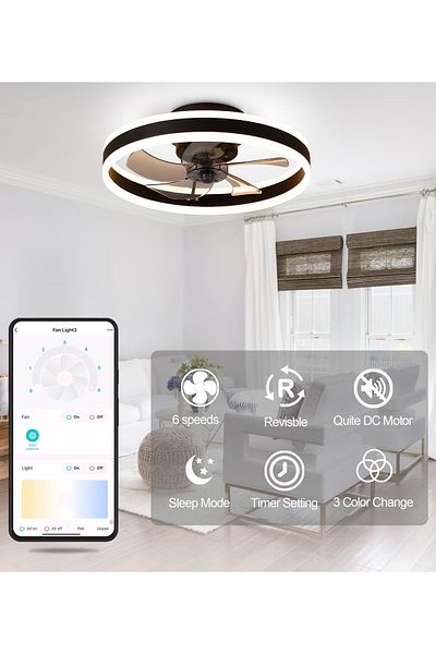 FlashHawk Ceiling Fan with Light, with Remote Control, 6 Speeds Adjustable, Flush Mount Ceiling Fan 50*16.5CM