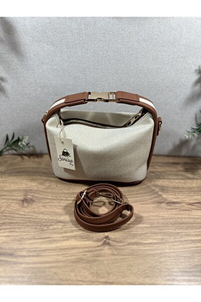 SİNİSA BAG Geantă de mână și de umăr pentru femei, de mărime medie, din in, cu accesorii Gold Lock