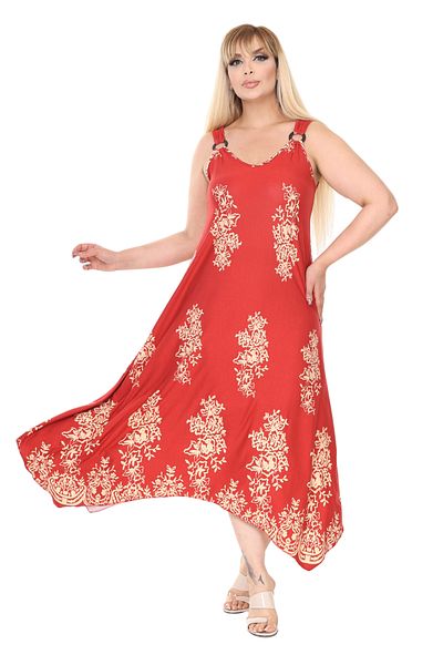 MELSAY Women's Strappy V-Neck Pomegranate Blossom Panel Pattern Large Size Dress