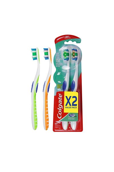 Colgate 360 Whole Mouth Clean Soft Toothbrush Assorted Colour Value Pack 2 pcs