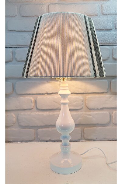 Decodelight Beyaz Rustik Klasik Metal Yüksek Ayaklı Pileli Makrome ve Kağıt İp Örme Şapkalı Abajur Masa Lambası