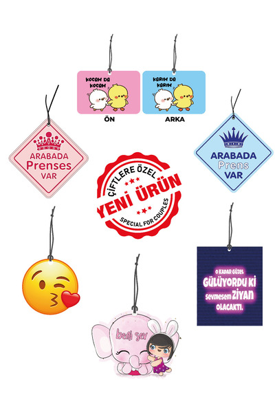 Meröka 6 lı Çiftlere Özel Seri Görselli Dekoratif Oto Kokusu ve Aksesuar Seti