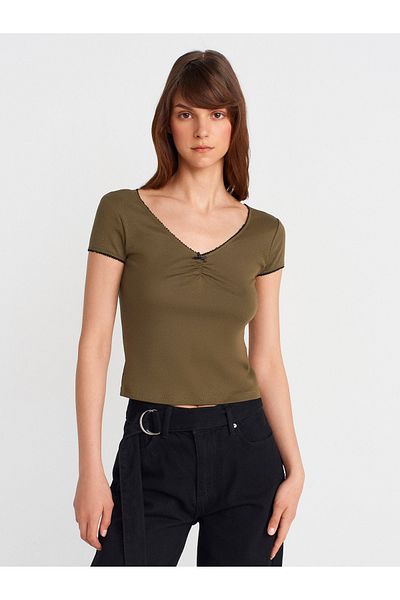 Dilvin 31798 Short Sleeve Shirred Top-Khaki
