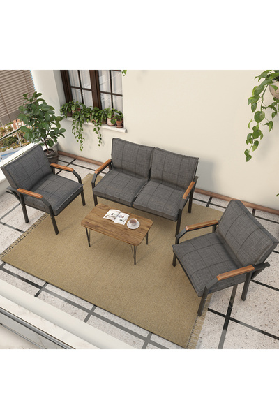Mygusi Hayal Balkon, Bahçe, Cafe, Metal Kanepe Koltuk Takımı , Bahçe Mobilyası, 211 Sehpalı - Koyu Gri