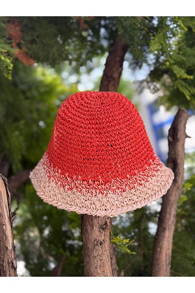 Axesoire 14404 Hand Knitted Red Straw Hat