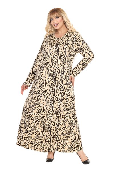 MELSAY Women's Large Size Beige Leaf Pattern Long Sleeve Hijab Dress