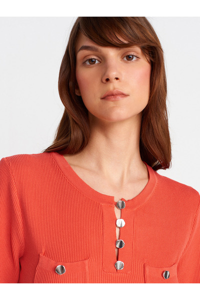 Dilvin 10733 Bisiklet Yaka Cepli Düğmeli Triko Bluz-A.Kırmızı