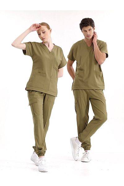 ÇİZGİ MEDİKAL High Quality Lycra Khaki Jogger Leg Uniform Set