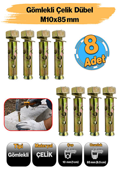 Badem10 ( 8 Adet ) Gömlek Çelik Dübel M10x85 mm Saplamalı Raf Montaj Bağlantı...