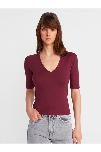 Dilvin 31843 V-Neck T-Shirt-Light Claret Red