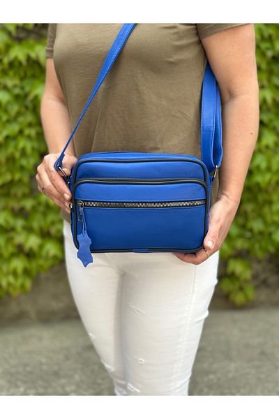 Deribag Piele autentică, mărime medie, curea încrucișată, geantă de umăr pentru femei, albastru 22*18*8 cm