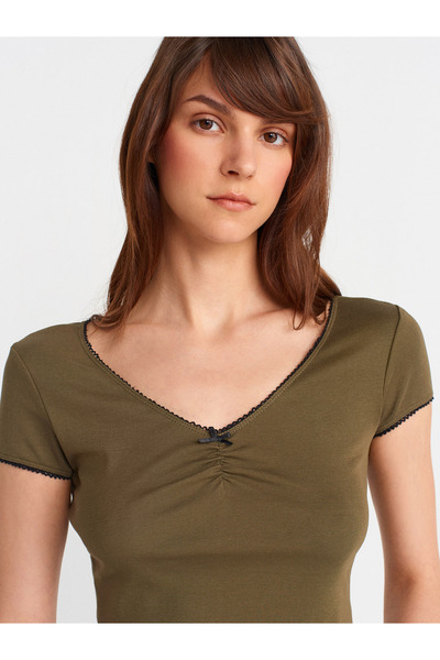 Dilvin 31798 Short Sleeve Shirred Top-Khaki