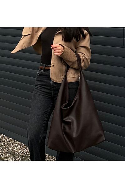 Elanore Large Size Women's Shoulder Bag with Faux Leather and Knitted Detail