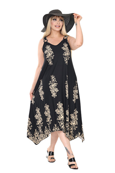 MELSAY Γυναικείο φόρεμα με λουράκι V-λαιμόκοψη μαύρο μοτίβο σανίδας Plus Size