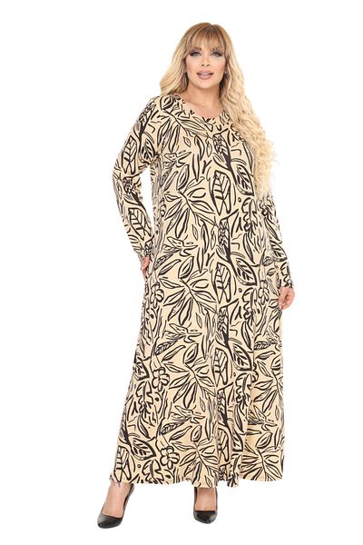 MELSAY Women's Large Size Beige Leaf Pattern Long Sleeve Hijab Dress