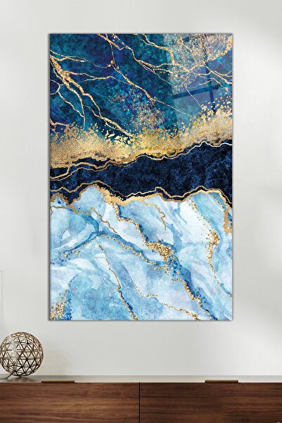 Vosevu Gold Detay Mavi Mermer Desen Dikey Cam Tablo, Modern Ev Ofis Dekoru, H...