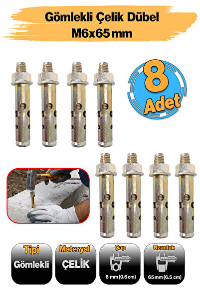 Badem10 M6x65 mm Gömlekli Çelik Dübel ( 8 Adet ) Saplama Raf Montaj Bağlantı ...