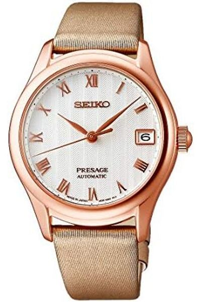 Seiko Watch for Women, Japanese Automatic Movement, Analog Display, Champagne Faux Leather Strap-SRP