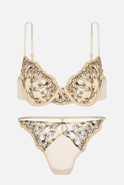 Wonna طقم سراويل داخلية حمالة صدر مطرزة - بدون كوب - موضة - 2713 - جلد