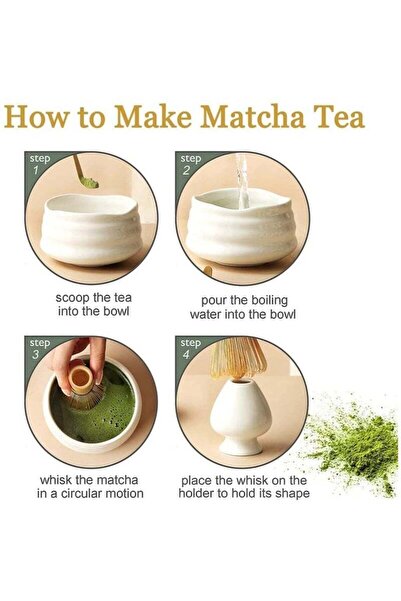 COOYA 4-Piece Tea Set with Ceramic Bowl,Spoon,Prong Bamboo Whisk,and Whisk Holder,White