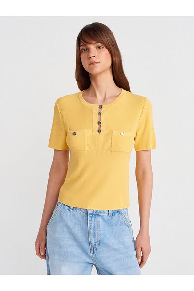 Dilvin 10733 Crew Neck Pocket Button Knitwear Blouse-Dark Yellow
