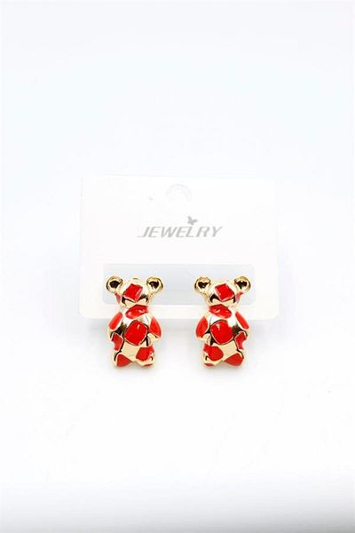 Royaleks Enameled Teddy Bear Earrings - Red