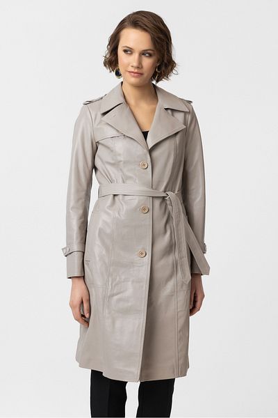 Deriderim Beige Cassie Slit Lined Belted Trench Coat Women's Genuine Leather Coat