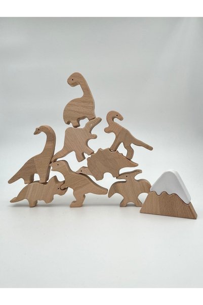 zoziva Natural Wooden Dinosaur Set, Organic Wood Toy, 10 Piece Wooden Animal Set