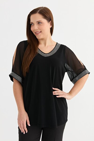 Selen Giyim Büyük Beden V Yaka Kolları Yırtmaçlı Bluz