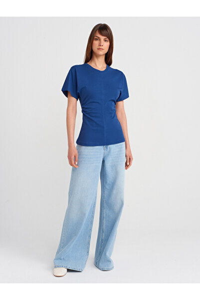 Dilvin 31585 Drape Detailed T-Shirt-Indigo