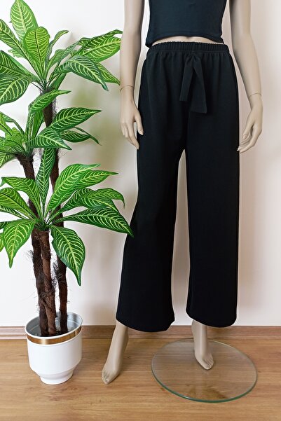 VİP BERA TEKSTİL Kadın Siyah Dökümlü Krep Kumaş Beli Lastikli Bol Paça Pantolon
