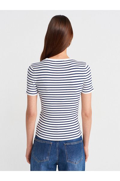 Dilvin 10758 Crew Neck Striped Basic Knitwear Blouse-White-Navy