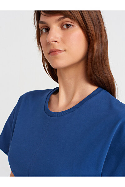 Dilvin 31585 Drape Detailed T-Shirt-Indigo