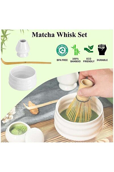 COOYA 4-Piece Tea Set with Ceramic Bowl,Spoon,Prong Bamboo Whisk,and Whisk Holder,White