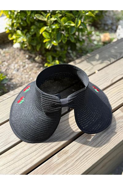 Axesoire 14624-1 Pălărie cu vizor din paie, neagră, cu fundă, broderie de cireș