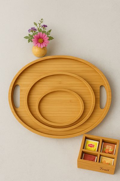 Vadi Set of 3 Oval Bamboo Trays - Natural Wooden Breakfast and Presentation Tray Stylish Serving Tray Set