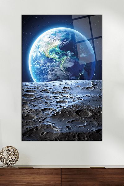 Vosevu Vedere de la Lună Pictură verticală pe sticlă, Decor modern pentru birou pentru acasă, Cadou, Decorare de perete, Sticlă irezistibilă